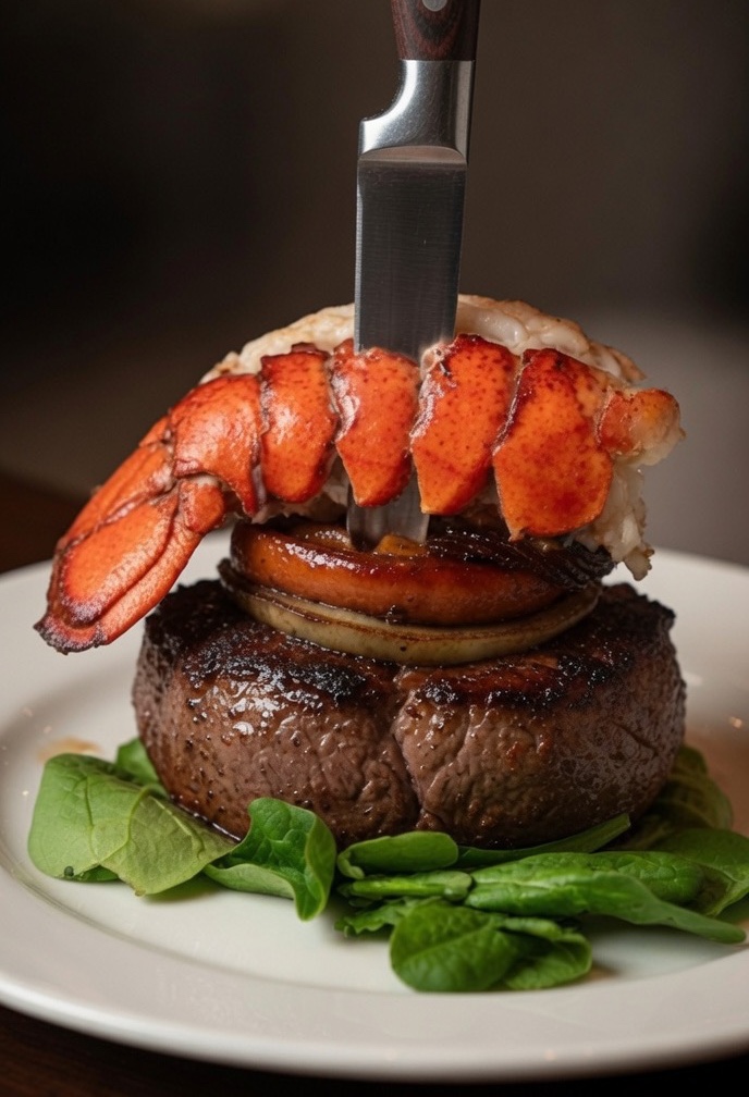 Steak and lobster with a steak knife through it